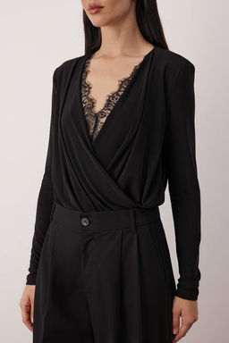 Siyah Dokumlu Dantel Detayl? Kruvaze Sandy C?tc?tl? Body TPRAW26BD00029