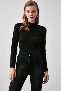 Siyah Fitted/Vucuda Oturan Dik Yaka Uzun Kol Fitilli Esnek Orme Bluz TWOAW21BZ0423