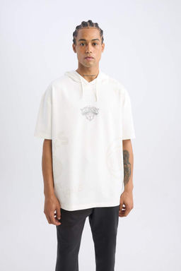 Мужская футболка оверсайз с капюшоном и принтом DeFactoFit NBA New York Knicks с короткими рукавами