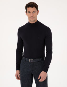 Lacivert Slim Fit Pamuk Kar___ml_ Yar_m Bal_k__ Yaka Basic Triko Kazak