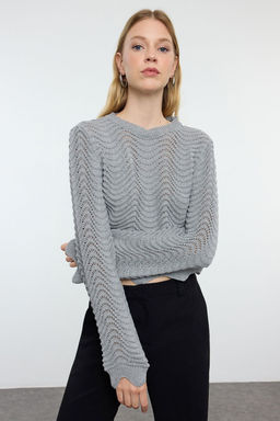 TRENDYOLMILLA Gri Crop Ajurlu/Delikli Bisiklet Yaka Triko Kazak TWOAW25KZ00346