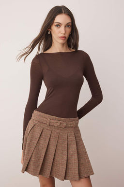 Kahverengi Ekose/Kareli Piliseli Mini Etek TWOAW26ET00014 - Trendyolmilla фото 2