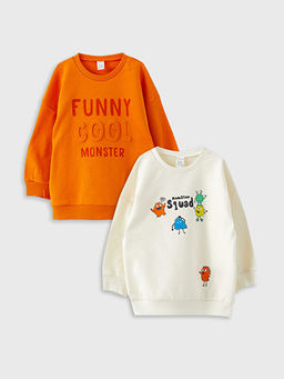 Bisiklet Yaka Uzun Kollu Bask?l? Erkek Bebek Sweatshirt 2li