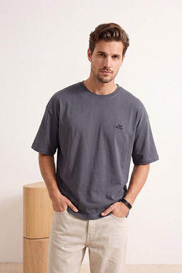 Antrasit Oversize/Geni_ Kesim Slogan Nak__l_ %100 Pamuk T-Shirt TMNSS26TS00055