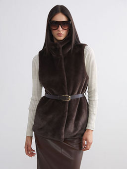 Dik Yaka Beli Kemerli Kad?n K?rk Yelek