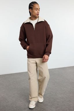 Kahverengi Oversize/Genis Kesim Dik Yaka Fermuarl? Ici Polarl?/S?cak Tutan Sweatshirt TMNAW25SW00081