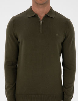 Koyu Haki Slim Fit Polo Yaka Fermuarl_ Basic Triko Kazak