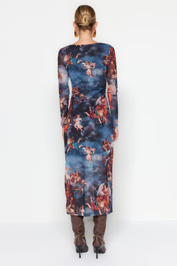 TRENDYOLMILLA Cok Renkli Bisiklet Yaka Bask?l? Astarl? Vucuda Oturan Tul Midi Orme Orme Elbise TWOAW24EL00605 фото 11