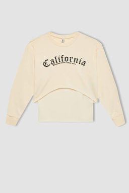 Укороченный свитшот с круглым вырезом с принтом для девочек, майка с ремешками, комплект из 2 предметов - Defacto фото 5