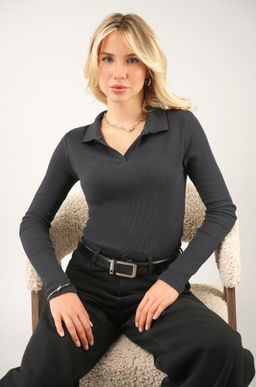 Женский лонгслив-поло в рубчик Happyfox