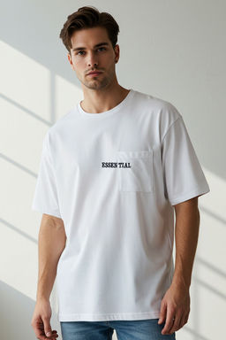 TRENDYOL MAN Beyaz Oversize/Genis Kesim %100 Pamuklu Cepli Nak?sl? T-Shirt TMNSS25TS00120