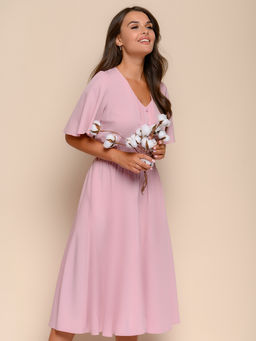 Платье цвета пыльной розы длины миди с V-образным вырезом - 1001dress фото 2