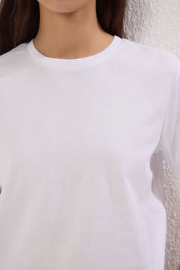 Beyaz-Beyaz Basic %100 Pamuk Bisiklet Yaka 2li Paket Orme T-Shirt TWOSS20TS0141