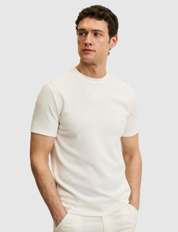 Beyaz Slim Fit Dokulu Bisiklet Yaka T-shirt