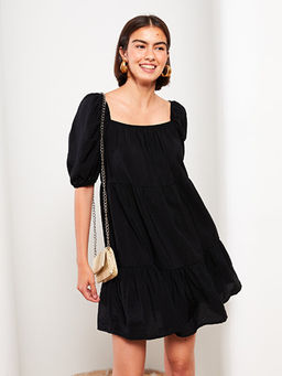 Kare Yaka D?z Balon Kollu Elbise