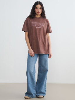 Bisiklet Yaka New York Bask?l? Kad?n Ti??rt