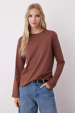 Siyah-Ekru-Kahverengi 3lu Paket %100 Pamuk Bisiklet Yaka Uzun Kol Oversize/Genis Kesim Orme T-shirt