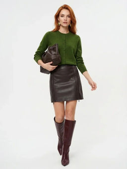 Юбка короткая из эко-кожи с молниями OD-1004-1, коричневый