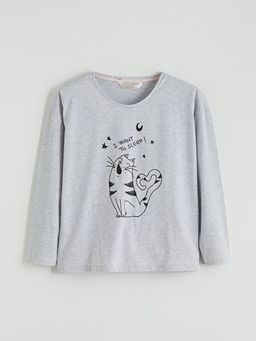 Bisiklet Yaka Kedi Bask?l? Kad?n Pijama ?st?