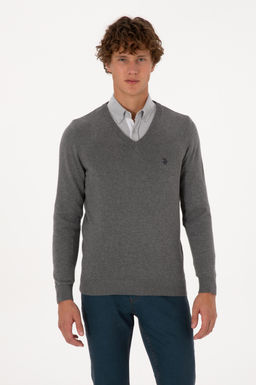 Erkek Slim Fit V Yaka Gri Melanj Basic Triko Kazak