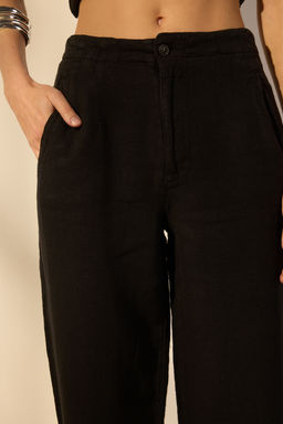Siyah %100 Keten Y_ksek Bel Cep Detayl_ Straight Pantolon TWOSS26PL00049 - Trendyolmilla фото 3