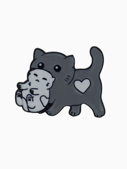 Значок «Кошка с котёнком», серо-белый в чёрном металле