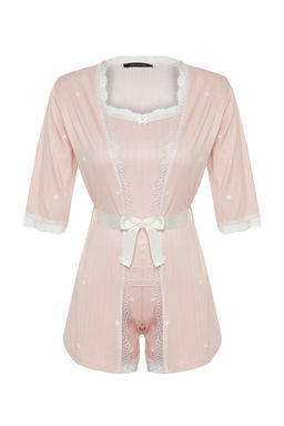 Trendyolmilla Pembe 5li Kusakl? Kurdele/Fiyonklu Fitilli Sortlu Orme Sabahl?kl? Pijama Tak?m? THMSS24PT00380  фото 13