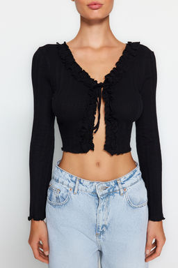 Trendyolmilla Siyah F?rf?r Detayl? Onden Baglamal? Fitilli Esnek Crop Orme Bluz TWOAW24BZ00109