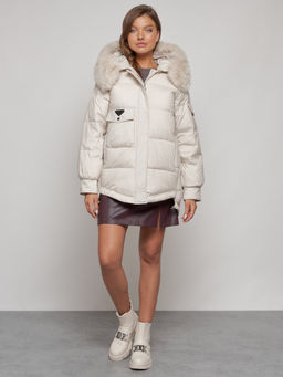 Куртка зимняя женская модная с мехом бежевого цвета 13301B - Visdeer фото 2