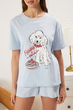 Trendyolmilla Mavi %100 Pamuklu Kopekli ve Sloganl? Sortlu Orme Pijama Tak?m? THMSS25PT00272 фото 3