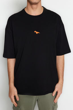 TRENDYOL MAN Buyuk Beden Siyah Oversize/Genis Kesim %100 Pamuklu Dinozor Nak?sl? T-Shirt TMNSS24BF00013 - Trendyolmilla фото 4