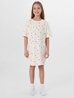 Сорочка ночная для девочек бежевая с принтом в сердечко