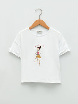 Bisiklet Yaka Bask?l? K?sa Kollu Pamuklu K?z ?ocuk Ti??rt