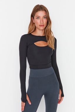 Koyu Antrasit Crop Pencere/Cut Out ve Bas Parmak Delik Detayl? Orme Spor Ust/Bluz TWOAW22BZ0481