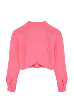 Pembe Crop Dokuma S?rt Dekolteli Keten Gorunumlu Plaj Gomlegi TBESS24GO00012