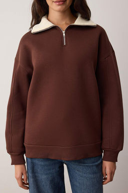 Kahverengi Oversize/Genis Kal?p Kadife Sloganl? Fermuarl? Ici Polarl? Orme Sweatshirt TWOAW26SW00228 - Trendyolmilla фото 3