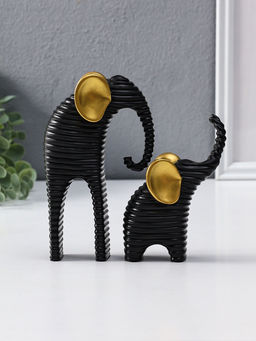 Сувенир полистоун "Слон со слонёнком. Гофре" чёрный с золотом набор 2 шт 5,5х16,5х16,5 см