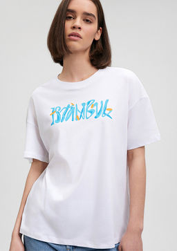 Istanbul Bask?l? Beyaz Tisort - Mavi фото 2