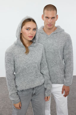 Gri Regular Kapusonlu Dokulu Triko Kazak TMNAW25KZ00047