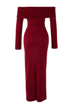 Bordo Yaka Detayl? Orme Midi Astars?z S?k/Gece Elbise TPRAW26EL00038