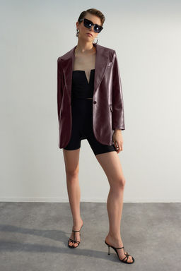 TRENDYOLMILLA Siyah Dokuma Oversize Suni Deri Blazer Ceket TWOSS23BC00049 фото 18