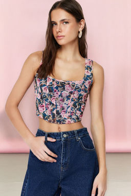 Trendyolmilla Cok Renkli Kare Yaka Slim Bask?l? Tul Orme Bluz TWOSS23BZ00454