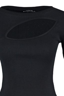 Siyah Cut Out Detayl? Fitted/Vucuda Oturan Bisiket Yaka Crop Fitilli Esnek Orme Bluz TWOSS22BZ0355