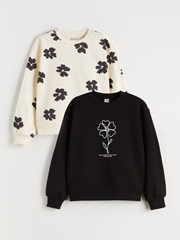 Bisiklet Yaka ?i?ekli K?z ?ocuk Sweatshirt 2li