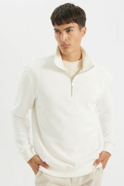 Comfort Regular Fit Rahat Kal?p Dik Yaka Fermuarl? Kal?n Basic Duz Sweatshirt