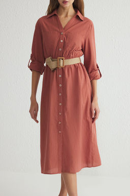 Camel Kemerli Cizgili Midi Dokuma Gomlek Elbise TWOSS25EL00063