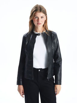 Bisiklet Yaka Kad?n Deri G?r?n?ml? Ceket