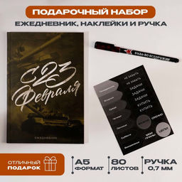 Подарочный набор, ежедневник А5, 80 листов, наклейки и ручка «С 23 февраля»