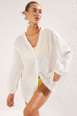 TRENDYOLMILLA Ekru Dokuma Balon Kollu Keten Gorunumlu Plaj Gomlegi TBESS25GO00013  фото 2