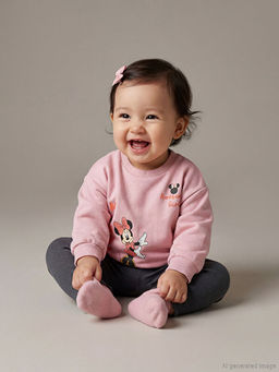 Bisiklet Yaka Minnie Mouse Bask?l? K?z Bebek Sweatshirt ve Tayt